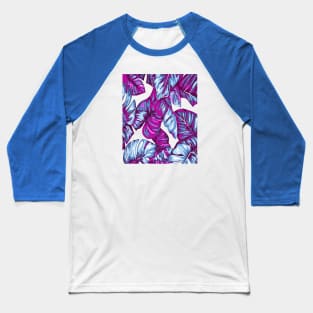 Tropical Leaves Of Banana and Monstera Blue Pink Cut Out Baseball T-Shirt